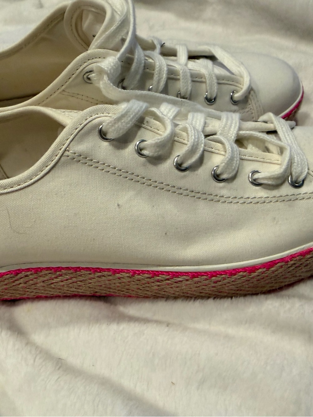 Keds White Canvas Low-Top Sneakers with Pink Trim and Jute Sole